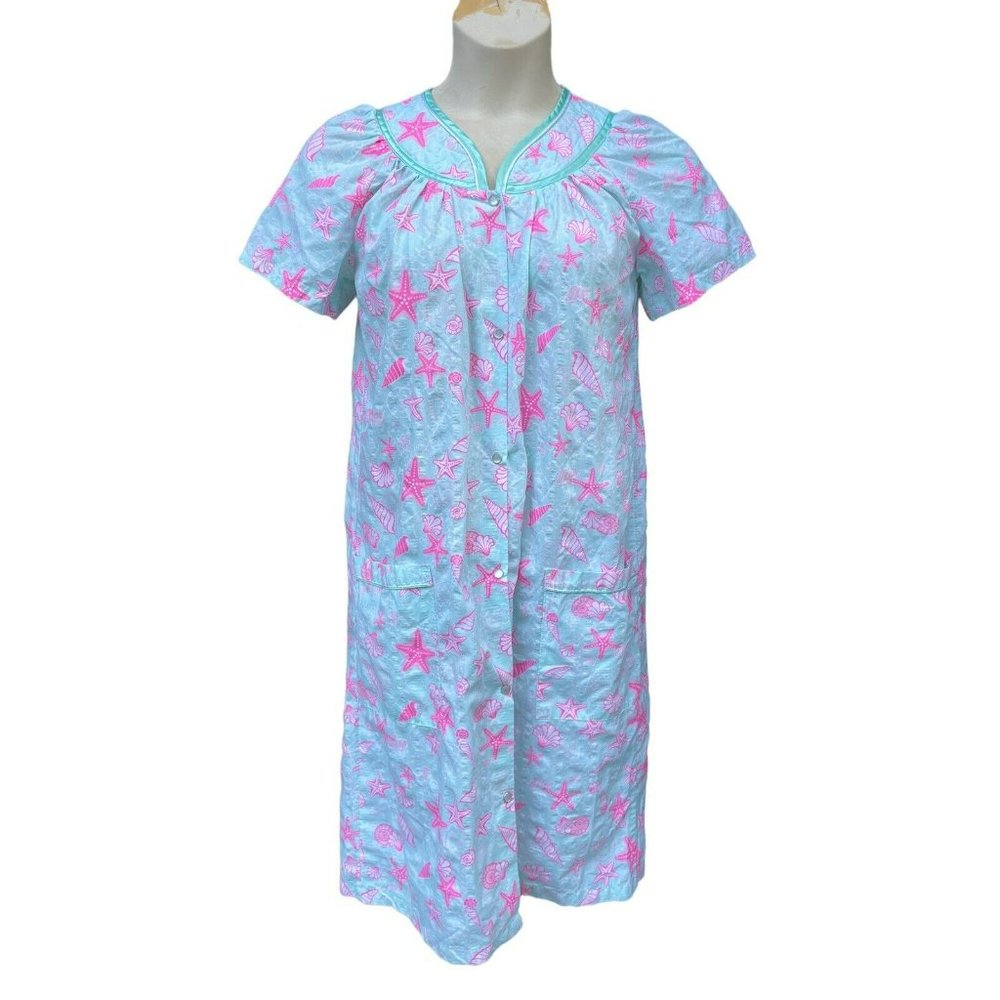 Vtg Beach House Dress Robe Gown Tiki Kaftan Seashells Starfish Pink Blue Size S